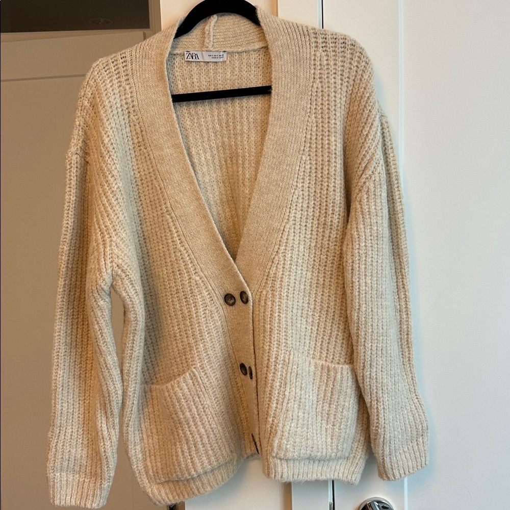 Zara Cream Knit Oversized Cardigan Sweater